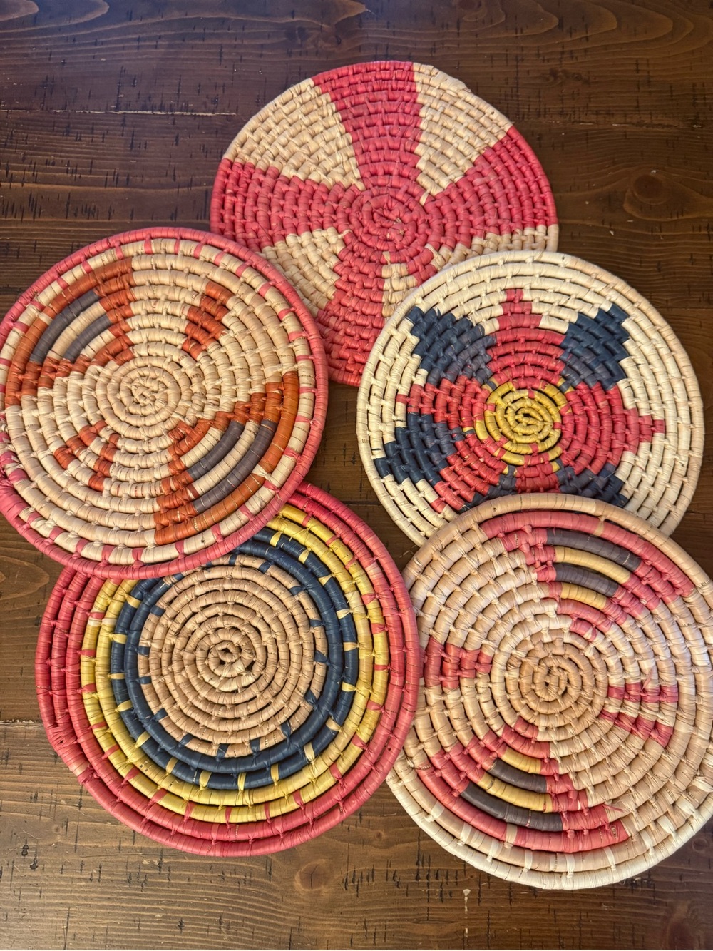 Vintage Woven Coil Trivets Set of 5 Boho Raffia Hot Pads Colorful Geometric EUC
